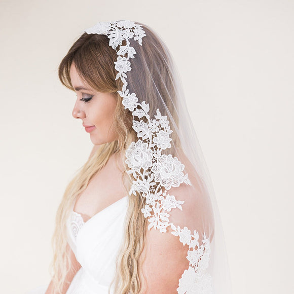 Cathedral Mantilla veil style with beaded lace edge design, Spanish Wedding  veil, Champagne bridal veil, Maria