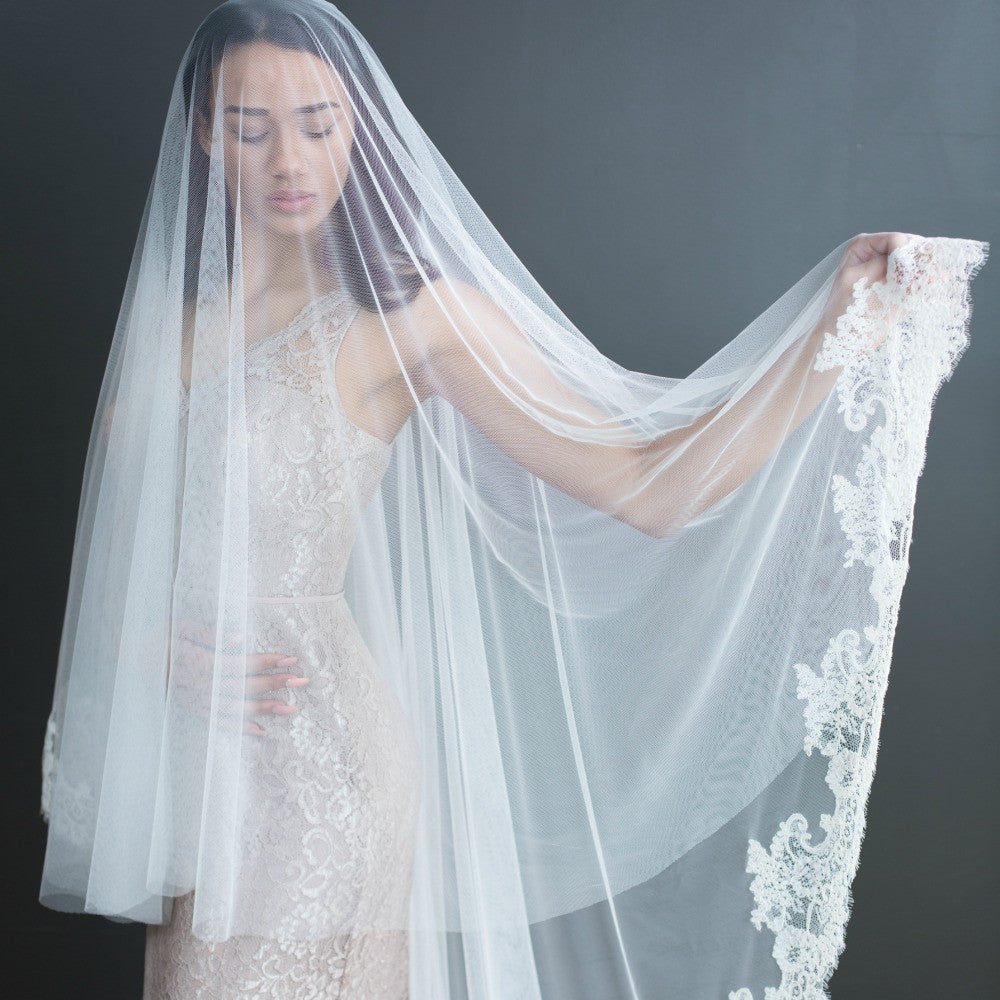 One Blushing Bride Eyelash French Alencon Lace Cathedral Wedding Veil or Chapel Veil White / Chapel 90 Inches / Beading